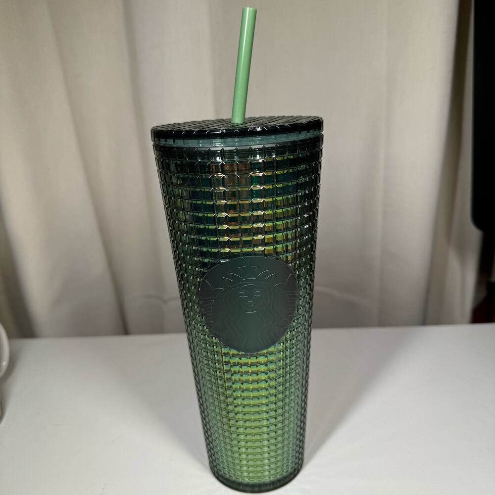 Starbucks 2022 Holiday Green Iridescent 24oz Tumbler Flat Lid with Straw